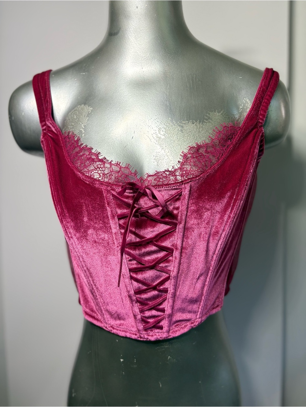 Victoria's Secret Velvet Lace-Up Bustier Crop Top - Raspberry Size XL